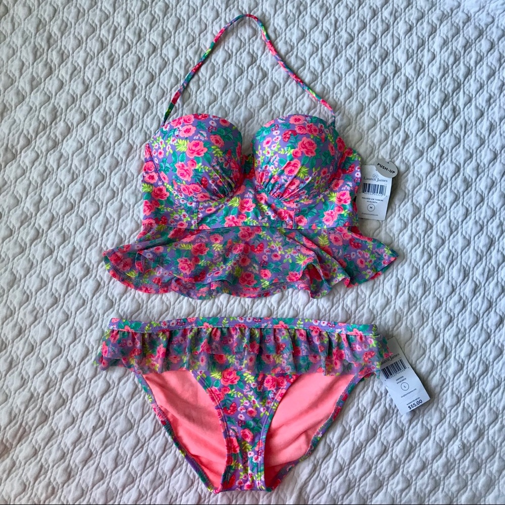 Lauren James Floral Push-Up Ruffle Tankini Med/Lrg